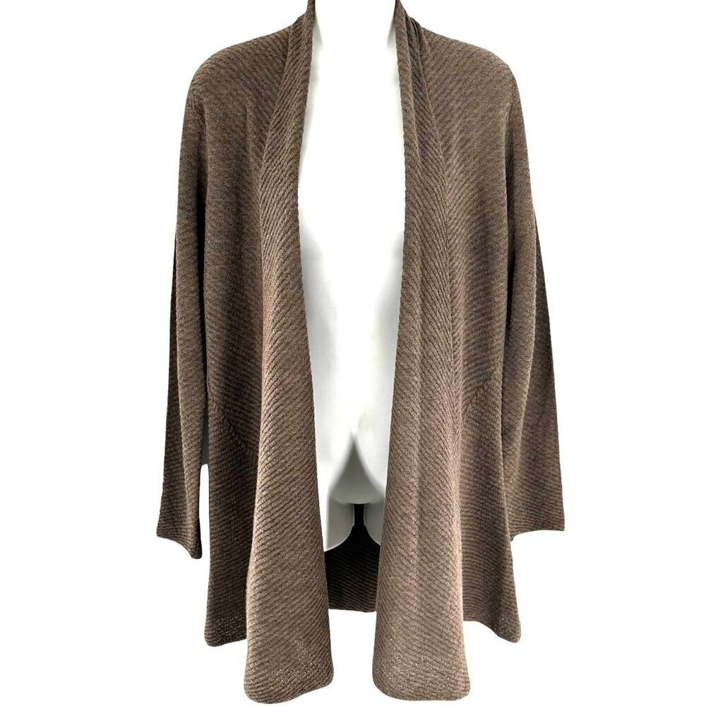 Eileen Fisher Brown Ribbed Washable Wool Crepe Cascading Cardigan Size PM